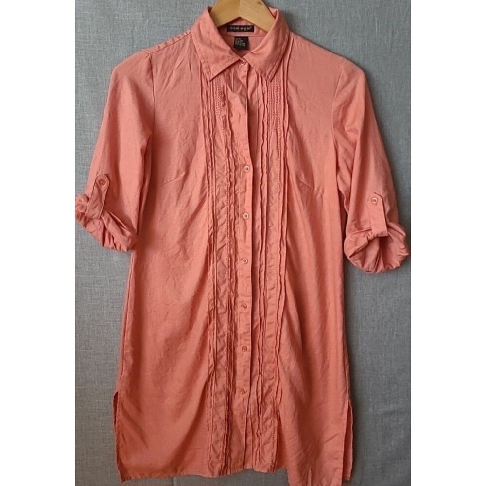 Ecologie Coral Linen Roll Tab Sleeve Tunic Button Up Shirt Medium M Lagenlook